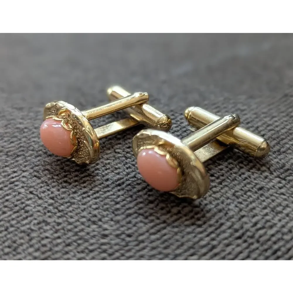 Cuff links & Tie Tack Bar Natural Pink Coral 4 PC set Gift Box Gold Tone Hawaii
